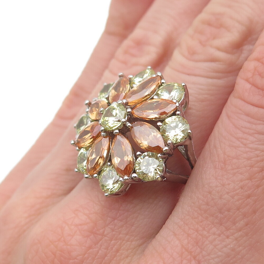 925 Sterling Silver Marquise-Cut Orange & Round-Cut Green C Z Ring Size 7.25 - Picture 2 of 8